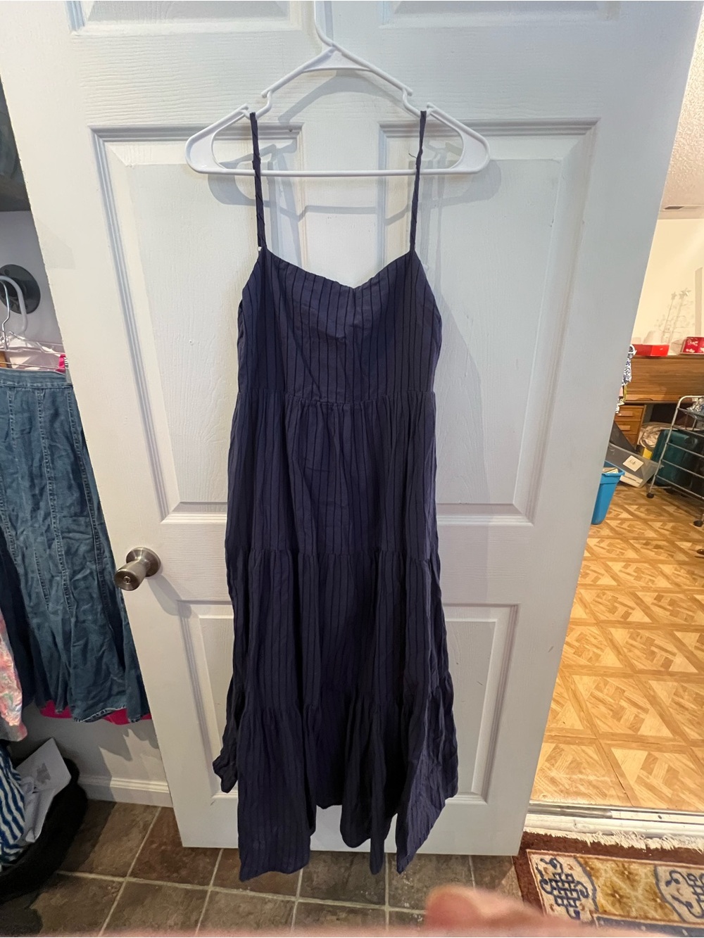 Charlie Holiday Anthropologie Navy Blue Spaghetti-Strap Tiered Maxi Dress sz 4